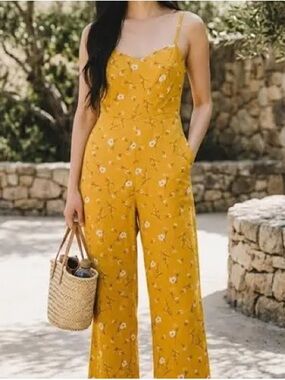 Old Navy Yellow Floral Spaghetti-Strap Wide-Leg Jumpsuit